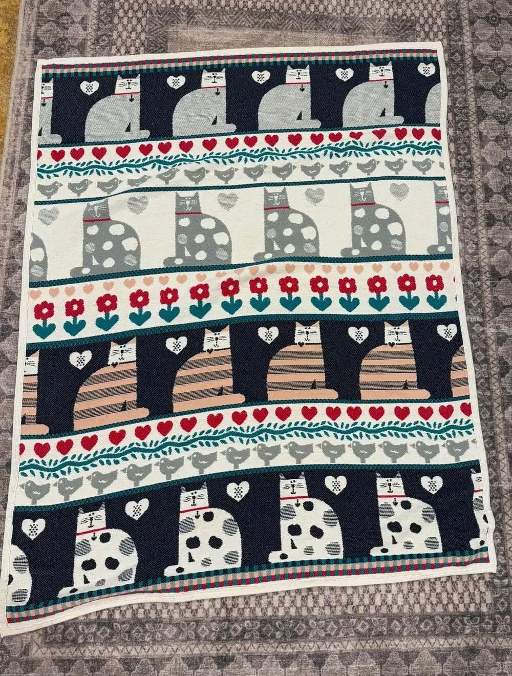 Cat Throw Blanket Vintage 1989 Retro Kitty Folk Art